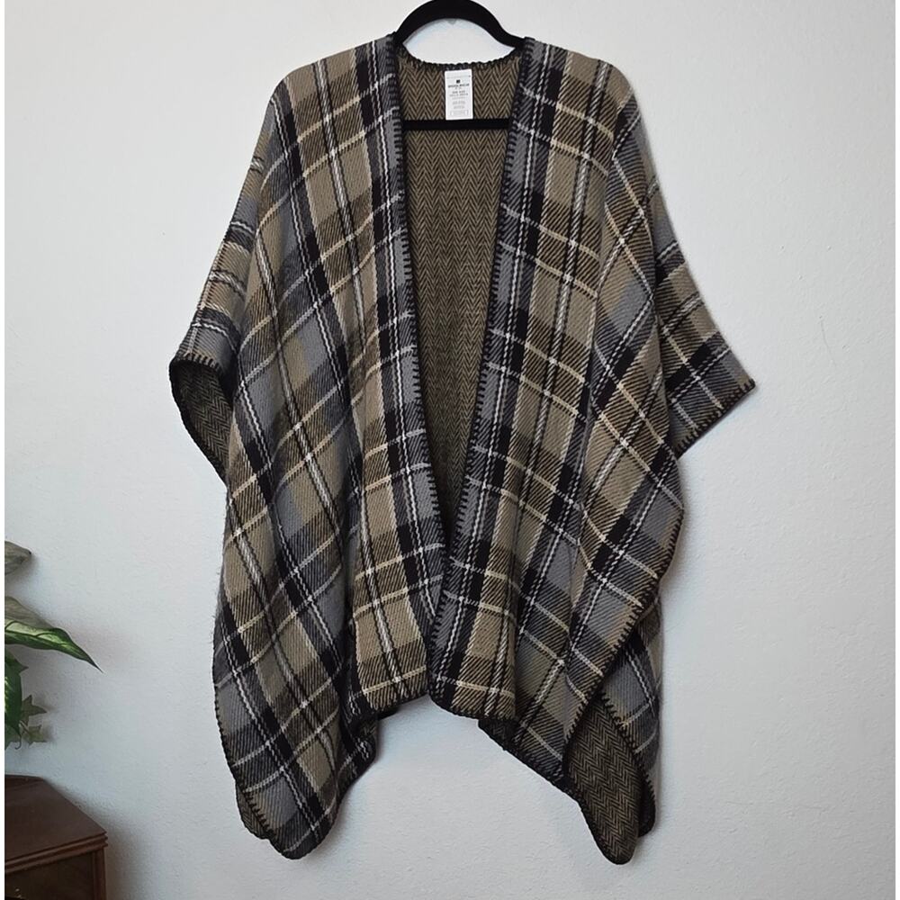 WOOLRICH Reversible Black Tan Plaid & Herringbone Blanket Wrap Shawl Cape Sz OS